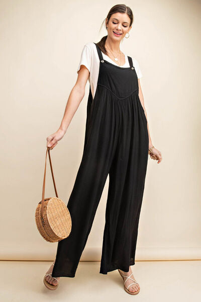 Sleeveless Ruched Wide Leg Overalls Black