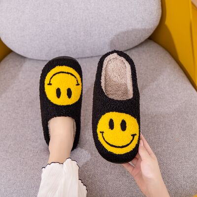 Smiley Face Slippers BLACK YELLOW