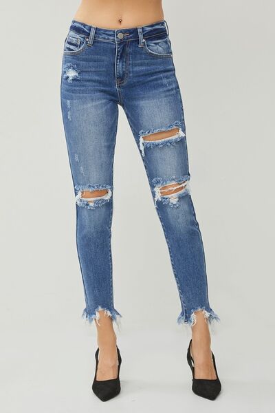 Distressed Frayed Hem Slim Jeans DARK