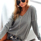 Contrast Stitching V-Neck Long Sleeve T-Shirt