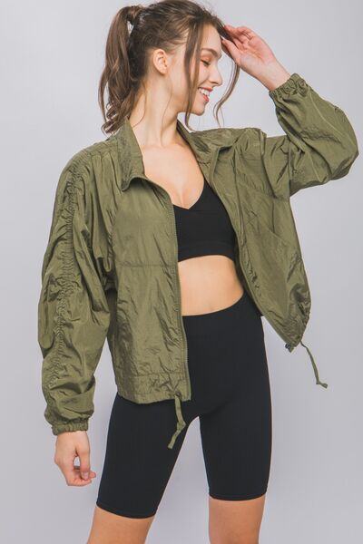 Zip Up Drawstring Long Sleeve Jacket Light Olive