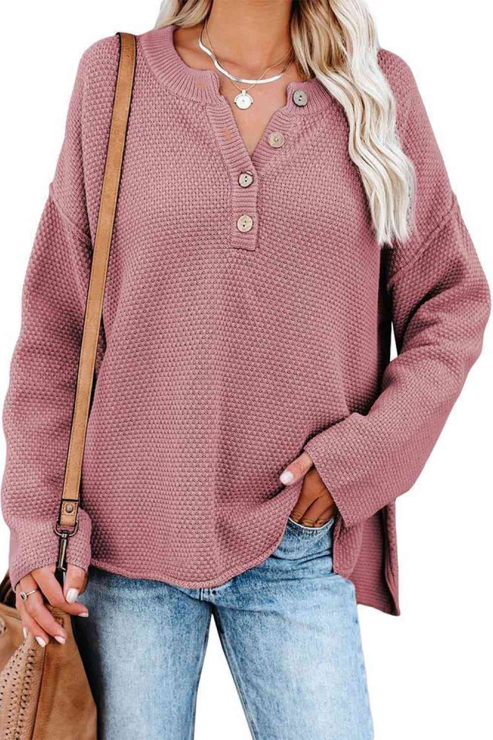 Buttoned Drop Shoulder Slit Sweater Dusty Pink