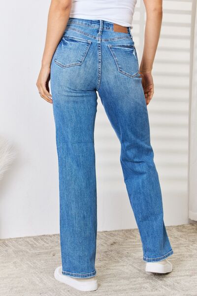 High Waist Distressed Straight-Leg Jeans