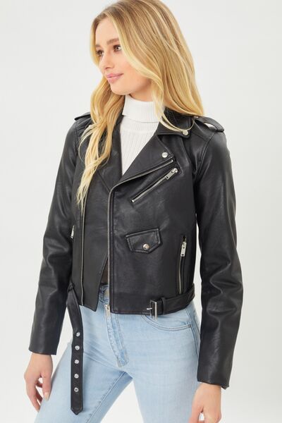Faux Leather Zip Up Biker Jacket Black