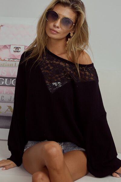 Lace Detail Ribbed Long Sleeve Top Black