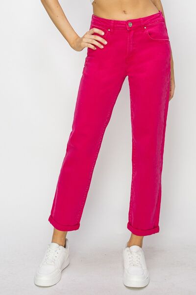 High Waist Rolled Hem Straight Jeans FUCHSIA