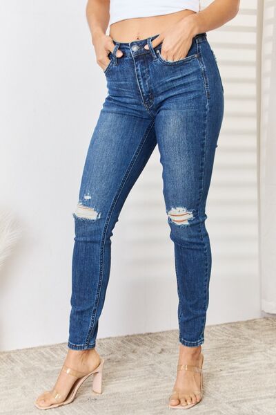 High Waist Distressed Slim Jeans Dark