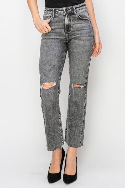 High Waist Distressed Straight Jeans ACIDBLACK