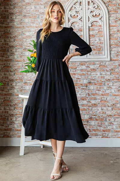 Round Neck Smocked Tiered Dress BLACK